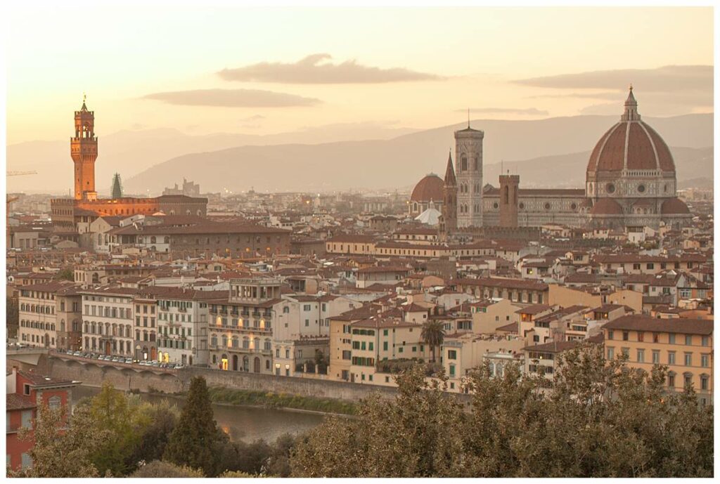 A collection of sunset photos overlooking the Piazzale Michelangelo in Florence, Italy that inspired Renaissance painters and beyond.