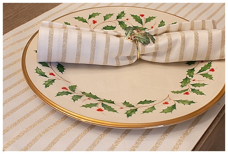 Kate Spade gold harbour stripe table setting; Lenox holiday china tablescape